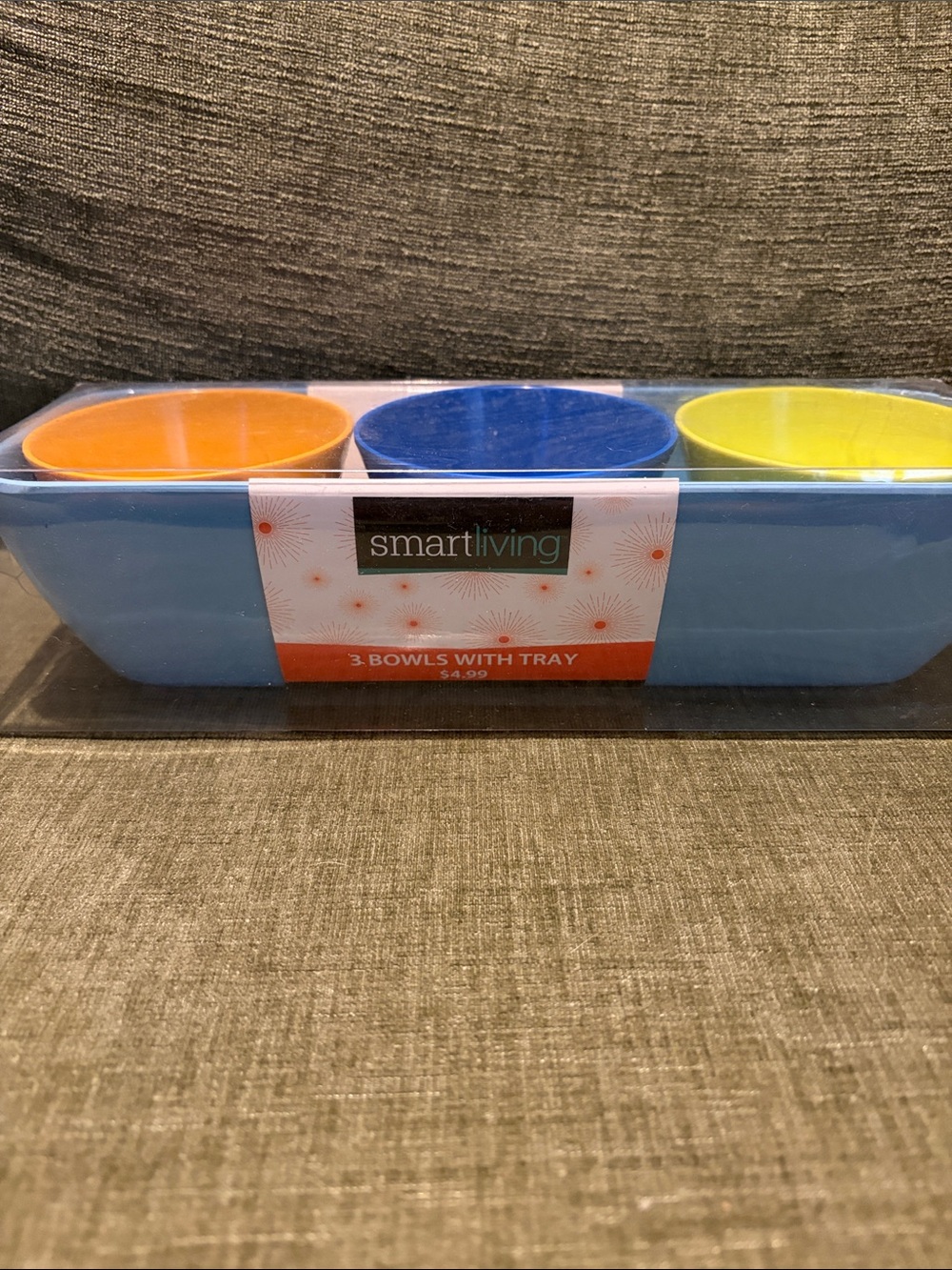 Smart Living Blue Tray with Orange, Blue, and Yellow Bowls